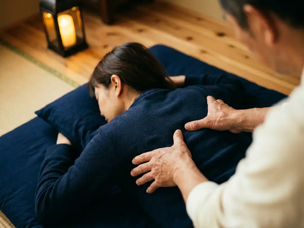 Therapeut die duimdruk uitoefent op meridiaan punten van de bovenrug tijdens een shiatsu sessie, warme kaarslichtsfeer.