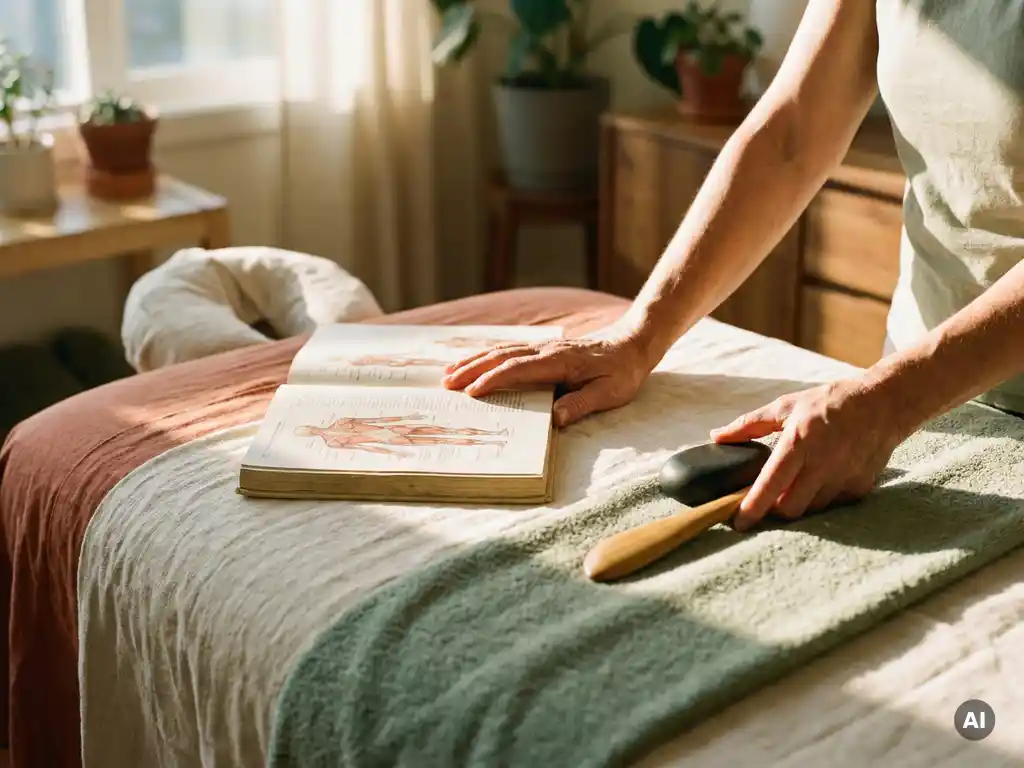 Massagetherapeuthanden tussen anatomieleerboek en gespecialiseerde stenen tool op linnen behandeltafel in warm middaglicht.